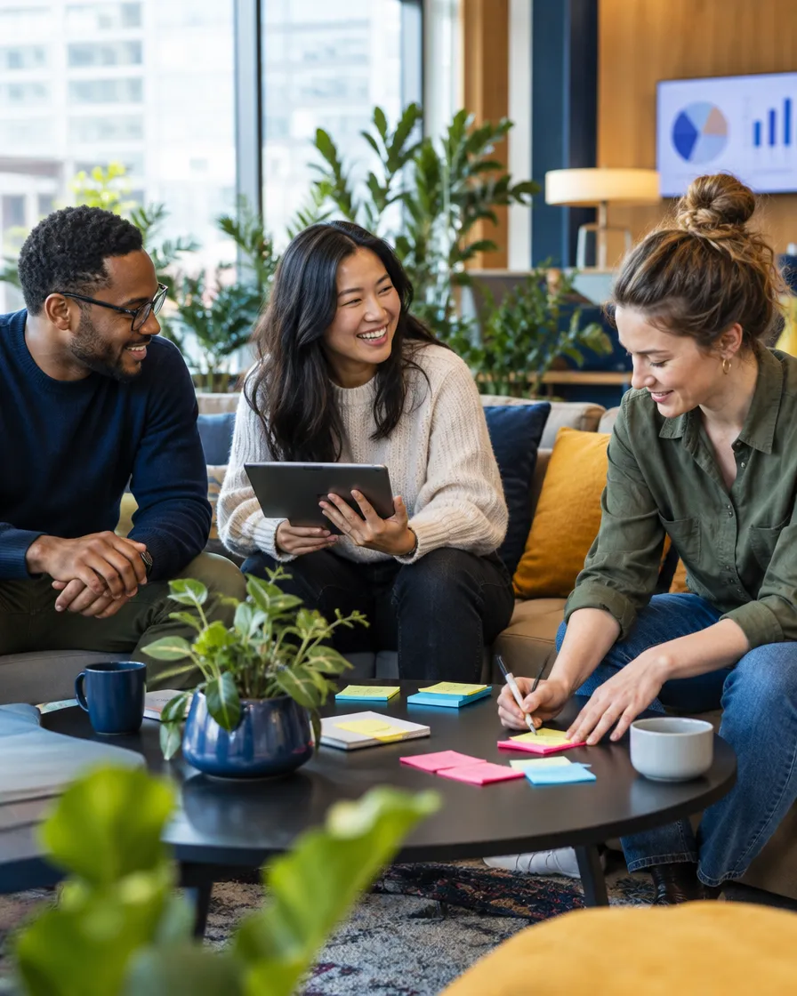 Payments team meeting in a relaxed lounge