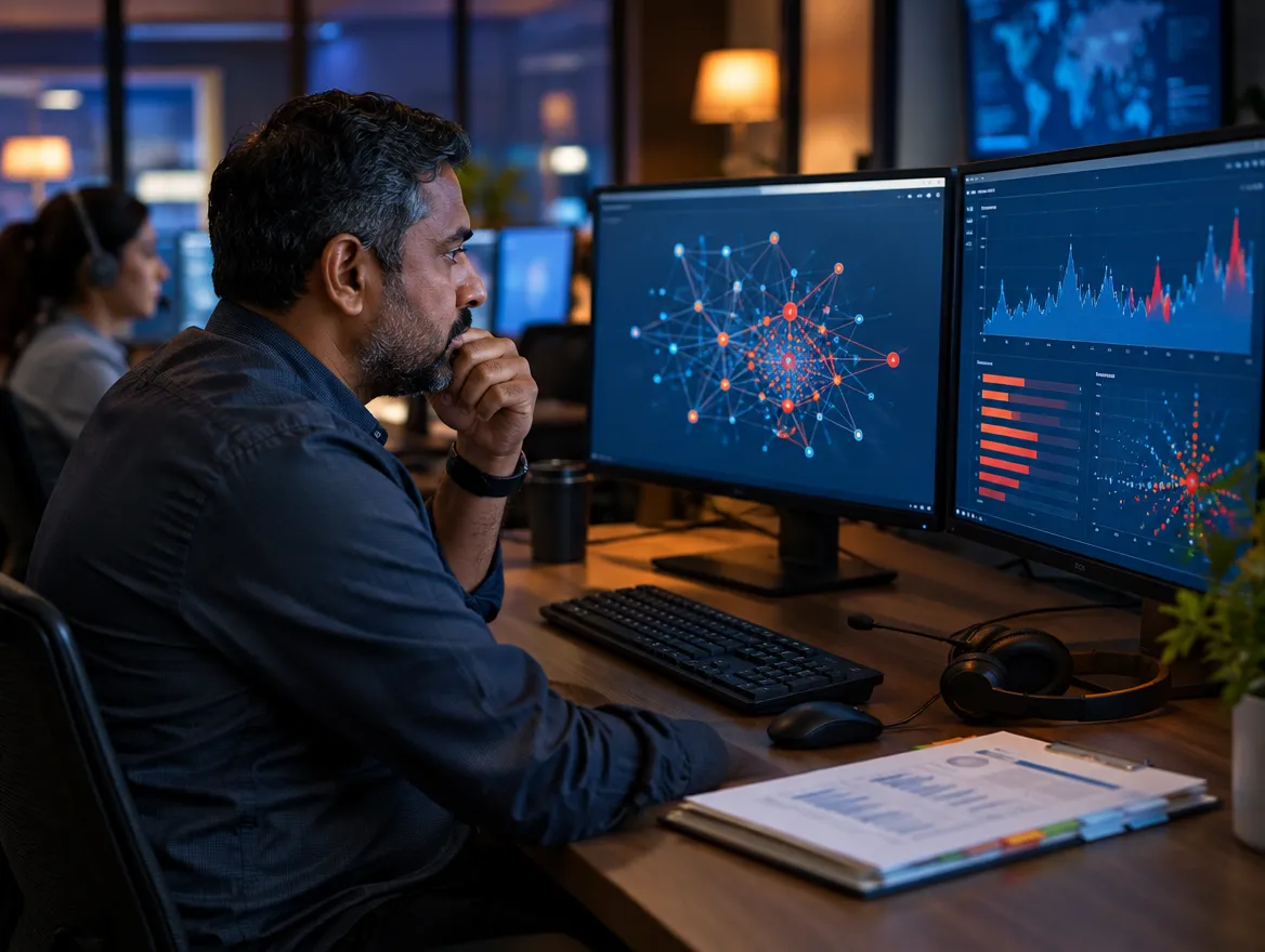 Analyst reviewing property risk data on monitors