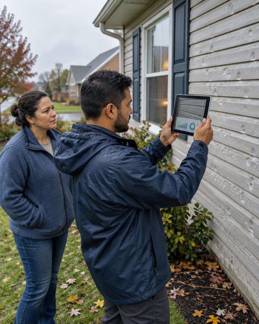Insurance adjuster photographing storm damage on a house with the homeowner