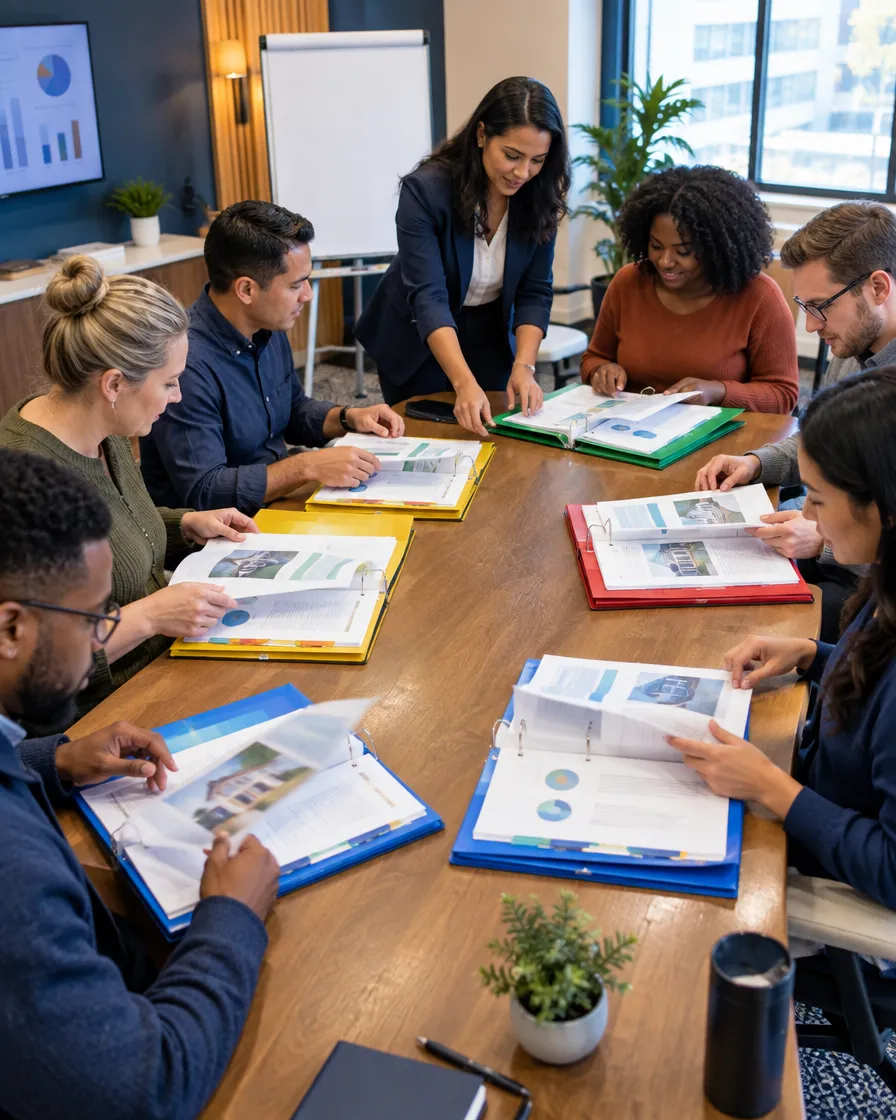 P&C insurance team reviewing claim files around a table