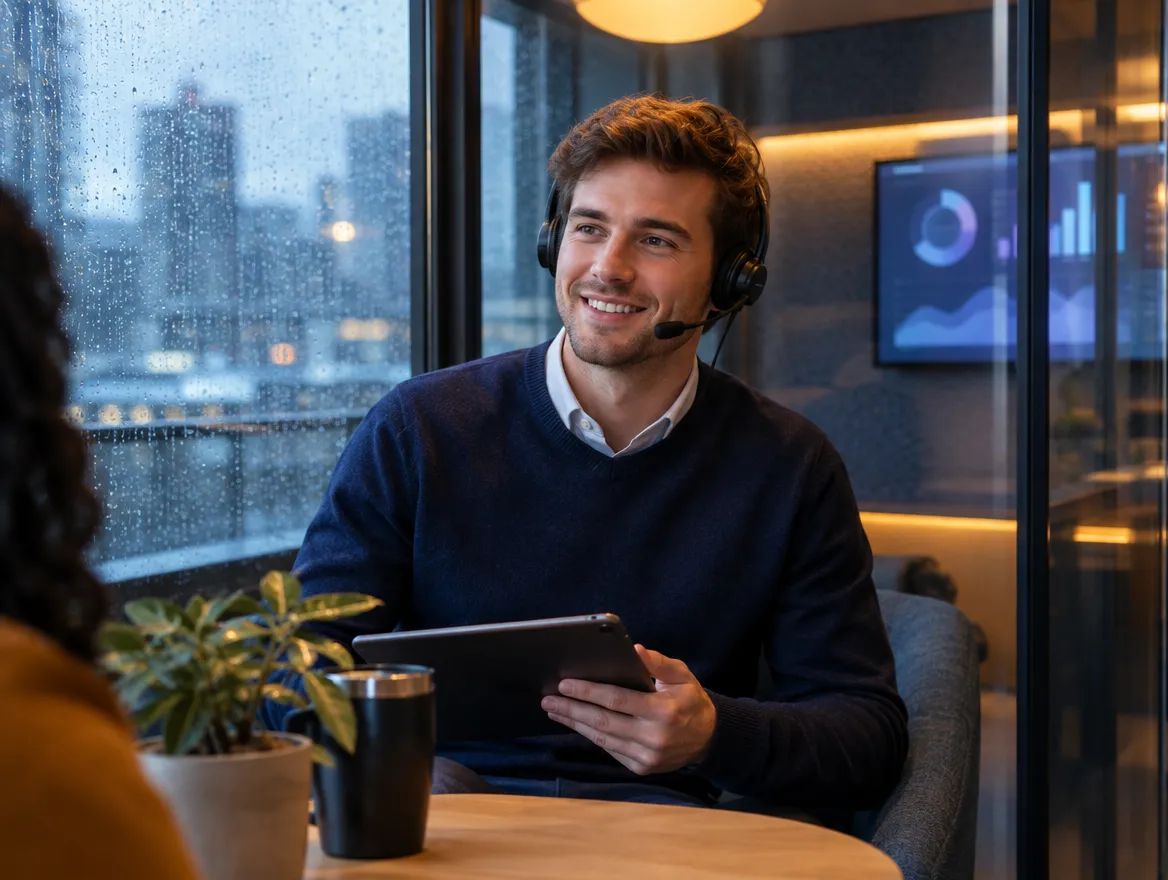 Smiling insurance agent in a headset holding a tablet