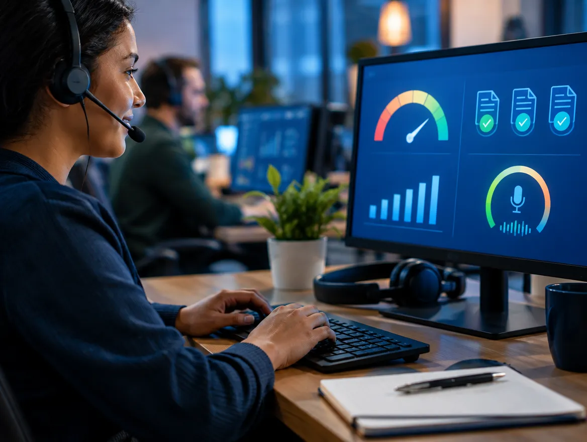 Loan agent in a headset reviewing approval metrics on a monitor