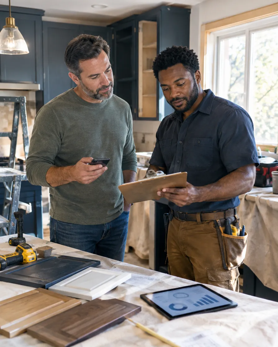Two loan officers reviewing an application on a tablet