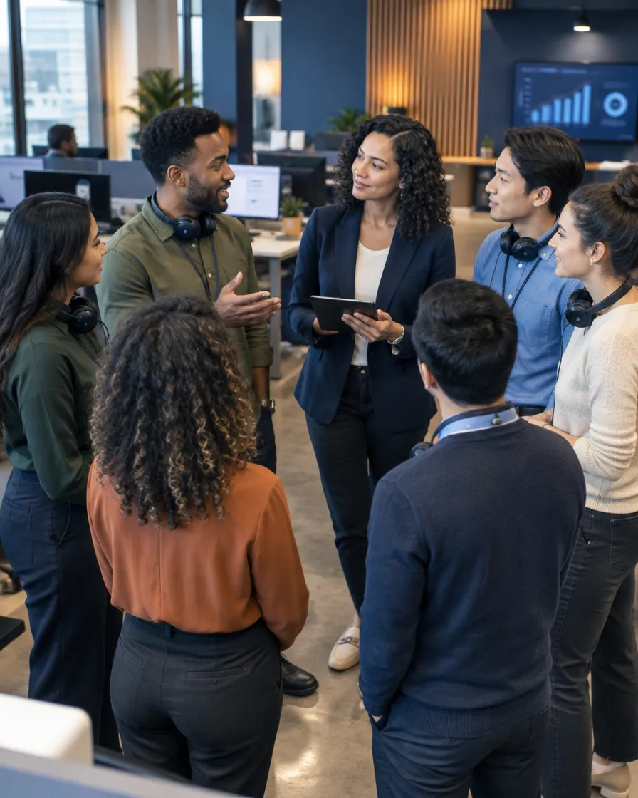 Lending team gathered for a discussion in the office