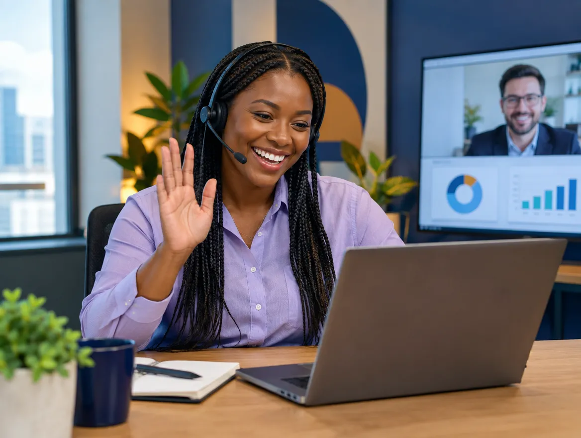 Smiling loan agent in a headset waving on a video call