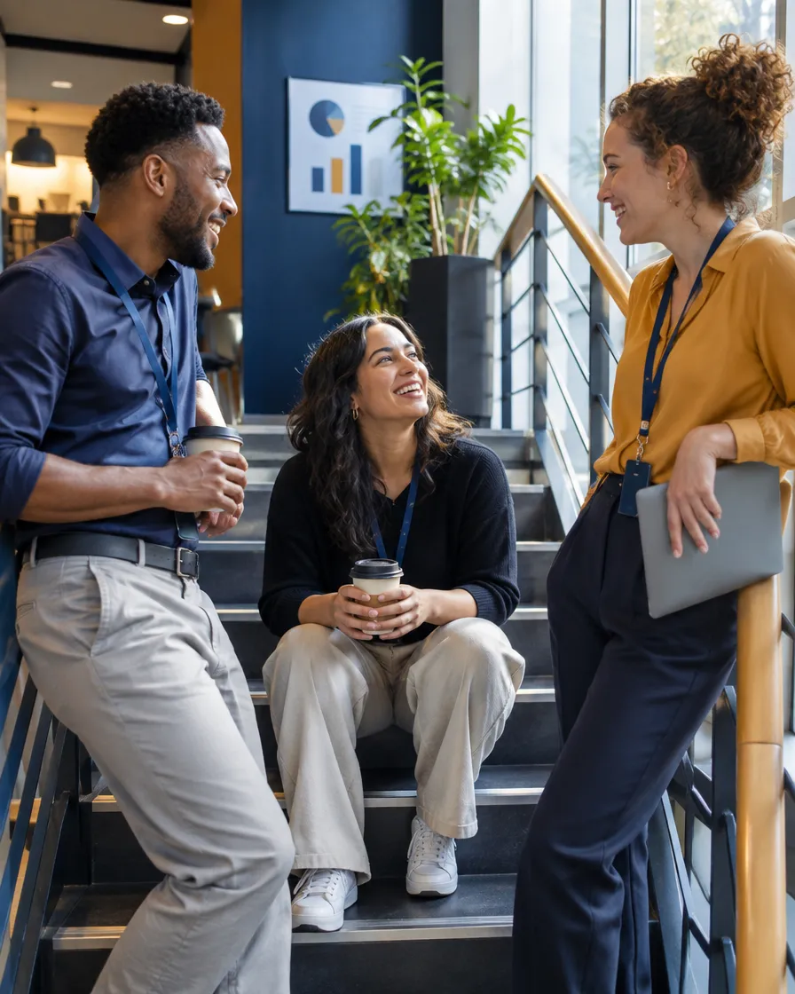 Lending team chatting on an office staircase