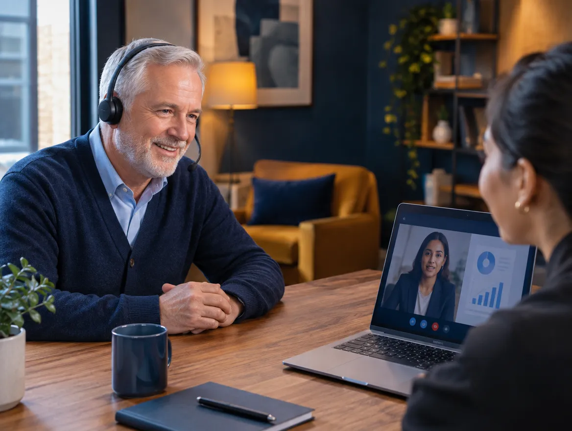 Smiling loan advisor in a headset on a video call