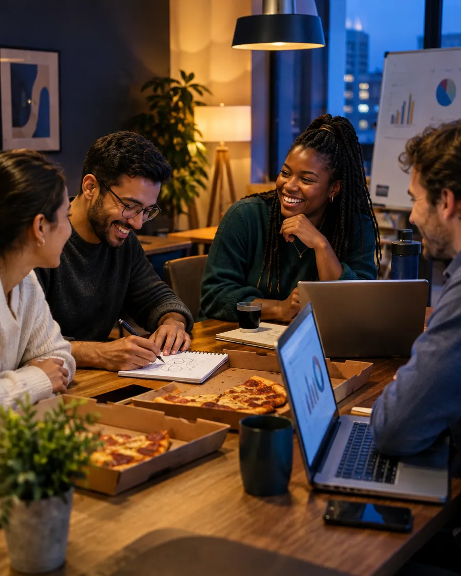Lending team sharing pizza around a table