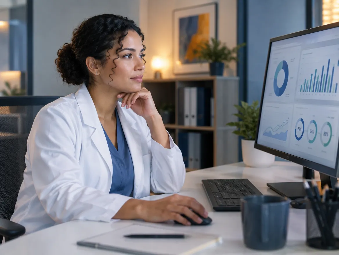 Pharmacist reviewing prescription data on a monitor