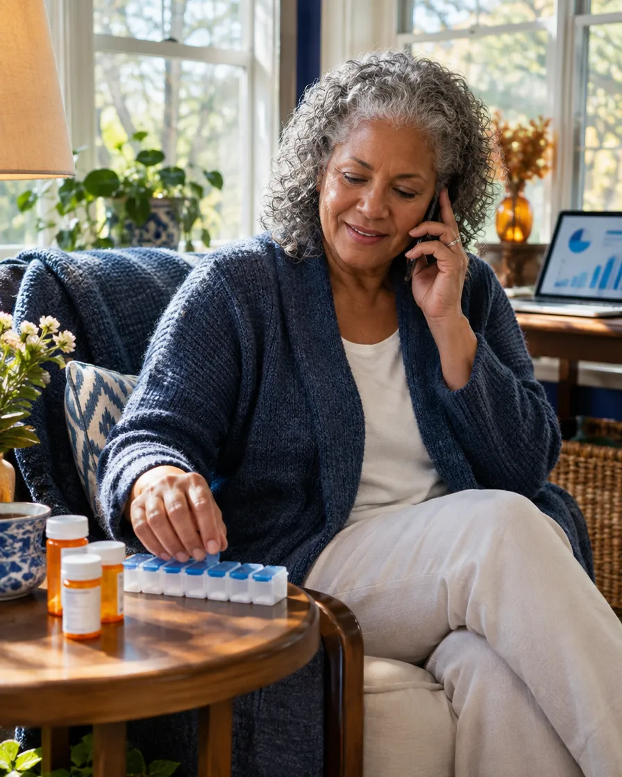Senior woman on the phone sorting her medications at home