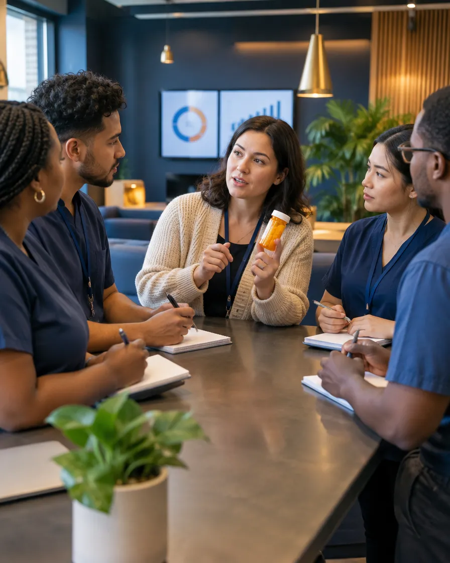 Pharmacy support team meeting around a table