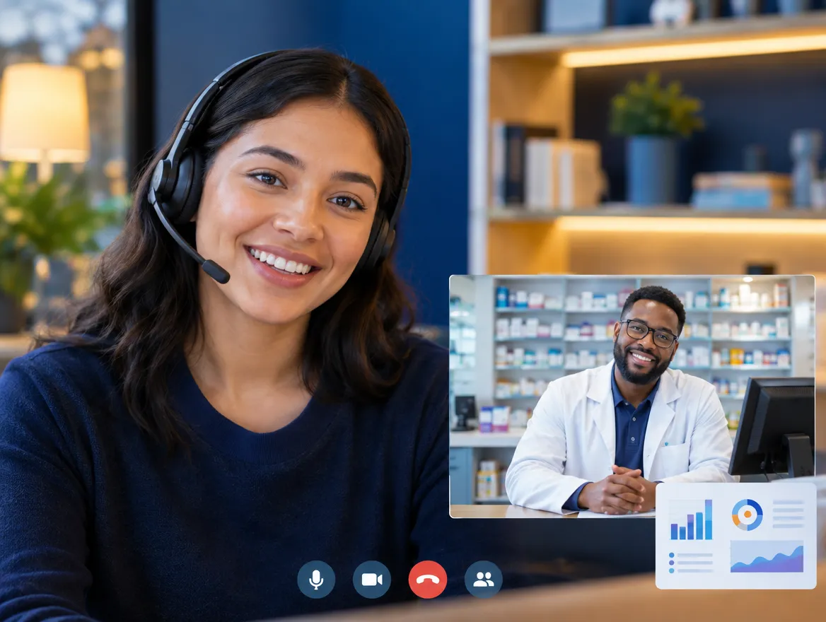 Smiling pharmacy support agent in a headset on a video call with a pharmacist