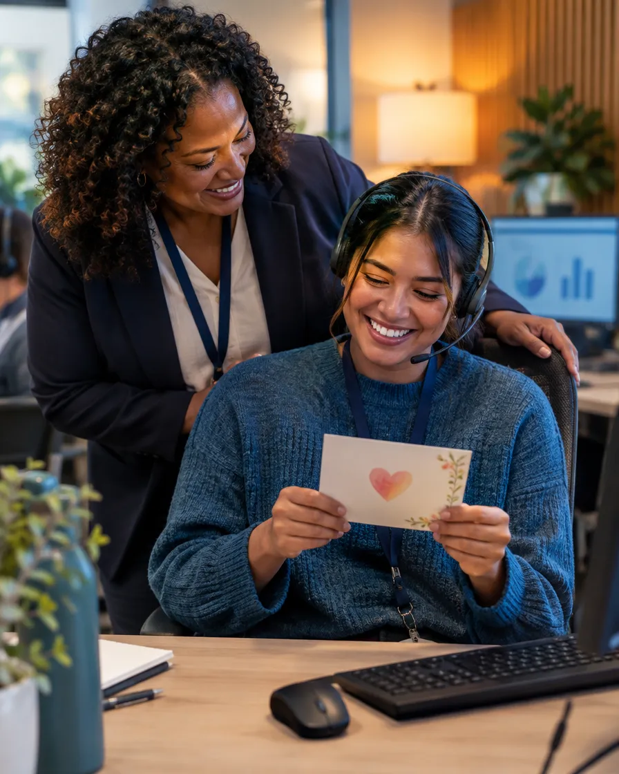 Two pharmacy support agents reviewing a card together