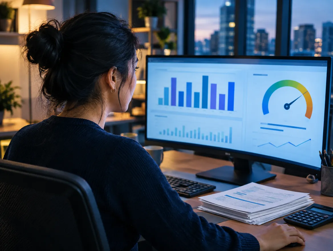 Analyst reviewing delivery and billing metrics on a monitor
