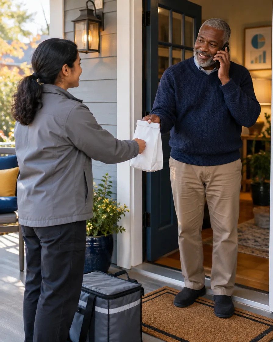 Courier delivering a pharmacy package to a senior man at his door
