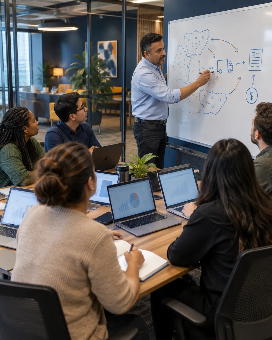 Pharmacy delivery team planning at a whiteboard