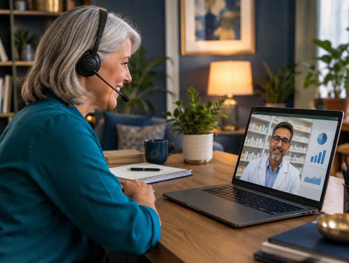 Pharmacy billing agent in a headset on a video call with a pharmacist