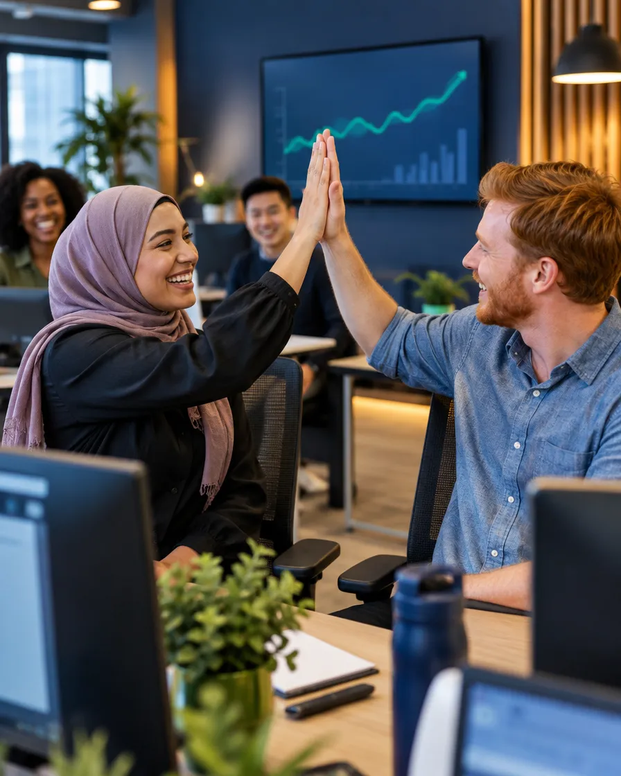 Pharmacy support team celebrating with a high-five