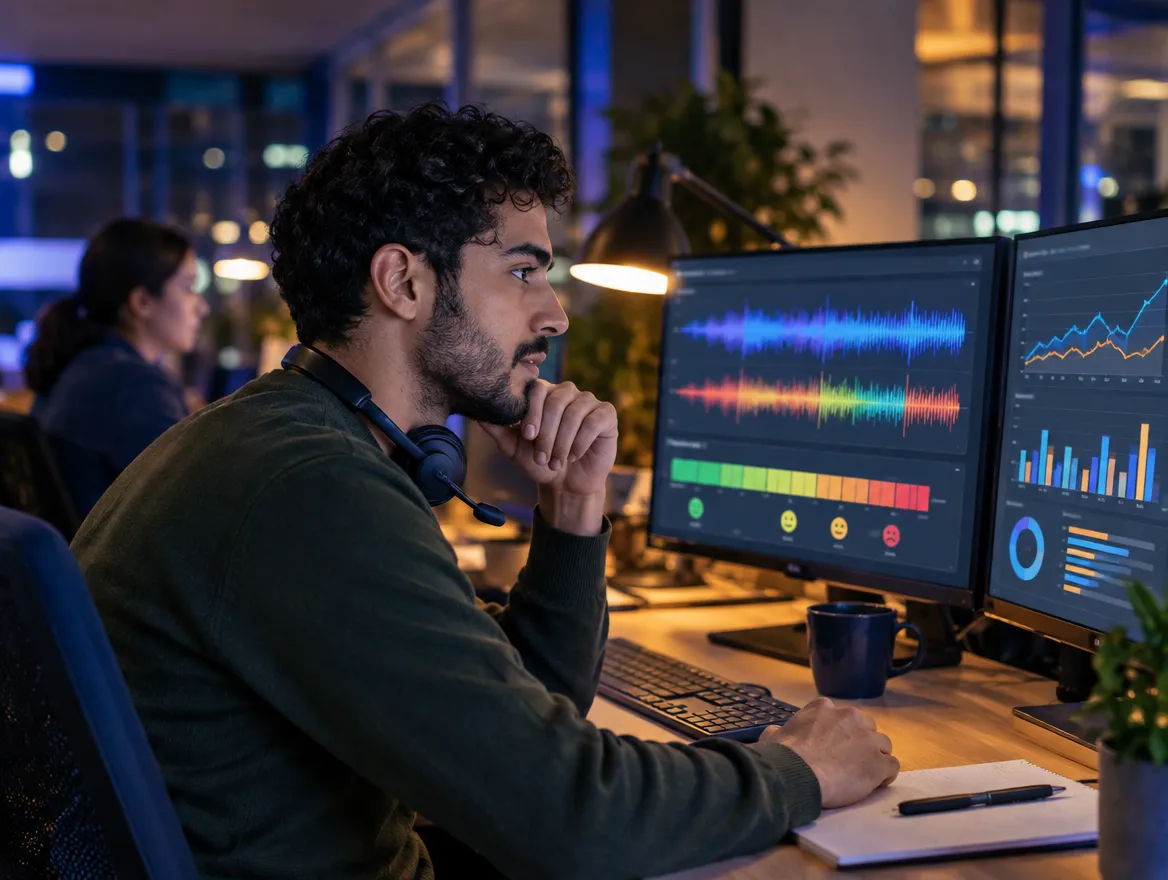 Analyst reviewing outreach call data on monitors