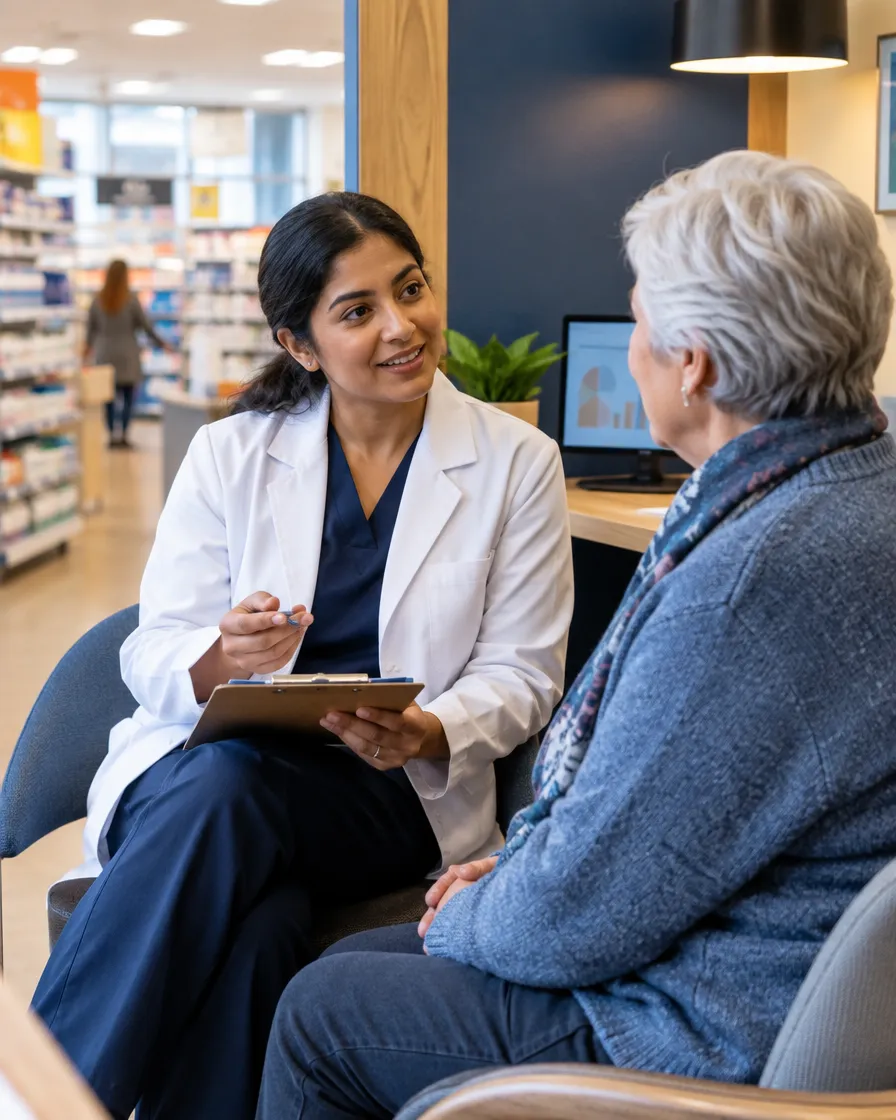 Pharmacist reviewing medication with a senior patient