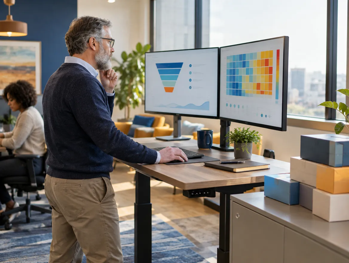 Analyst reviewing pharmacy sales charts at a standing desk