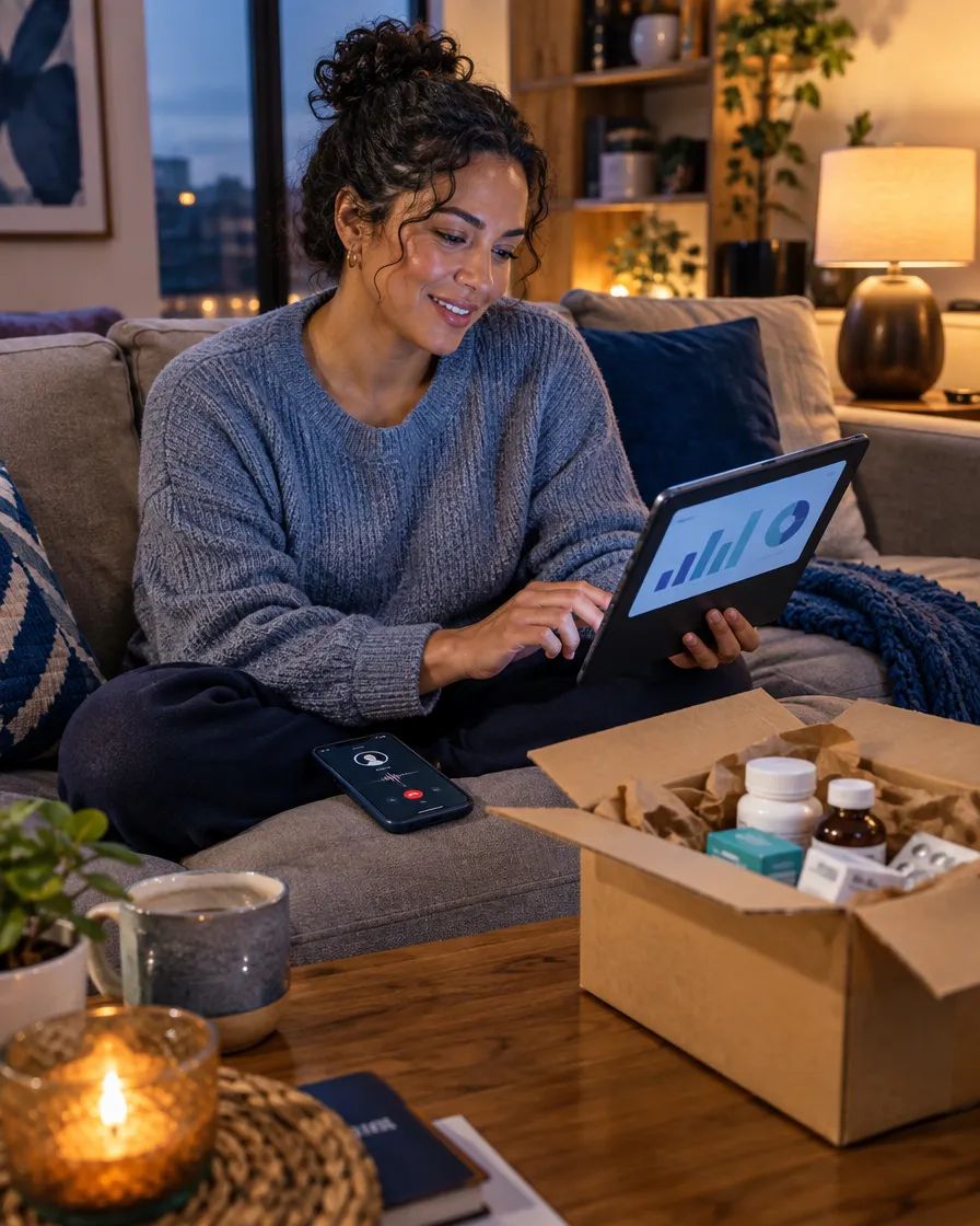 Woman opening a pharmacy order box at home while checking her tablet
