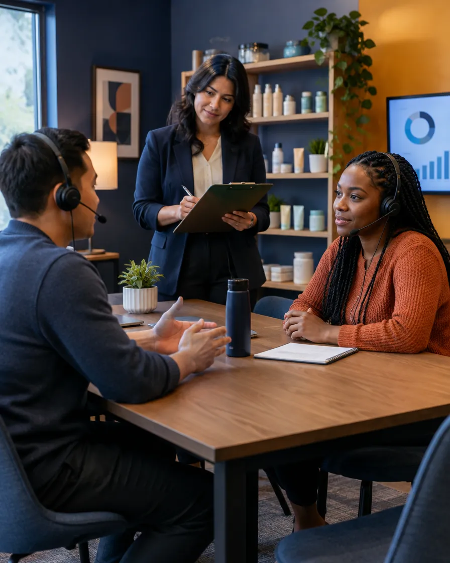 Pharmacy sales team meeting around a table