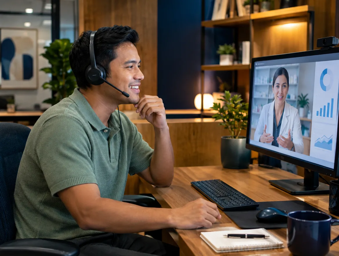 Pharmacy sales agent in a headset on a video call with a pharmacist