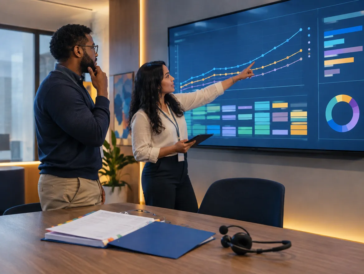 Two analysts reviewing prescription refill trends on a large screen
