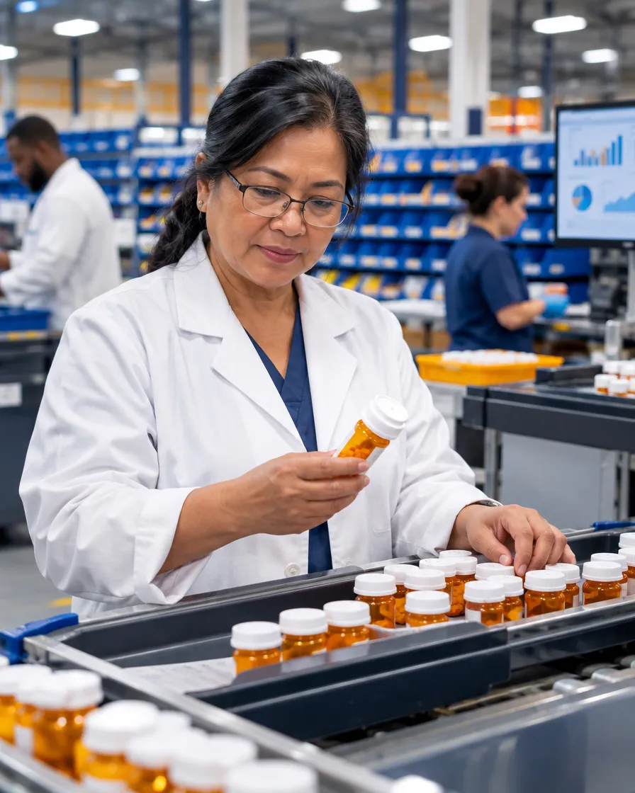 Pharmacist filling prescription bottles on a fulfillment line