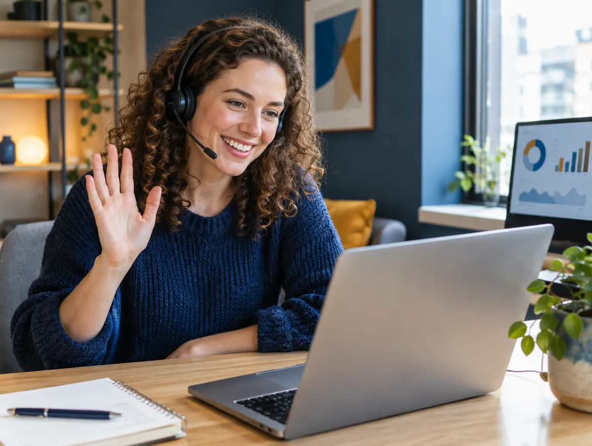 Smiling prescription support agent waving on a video call