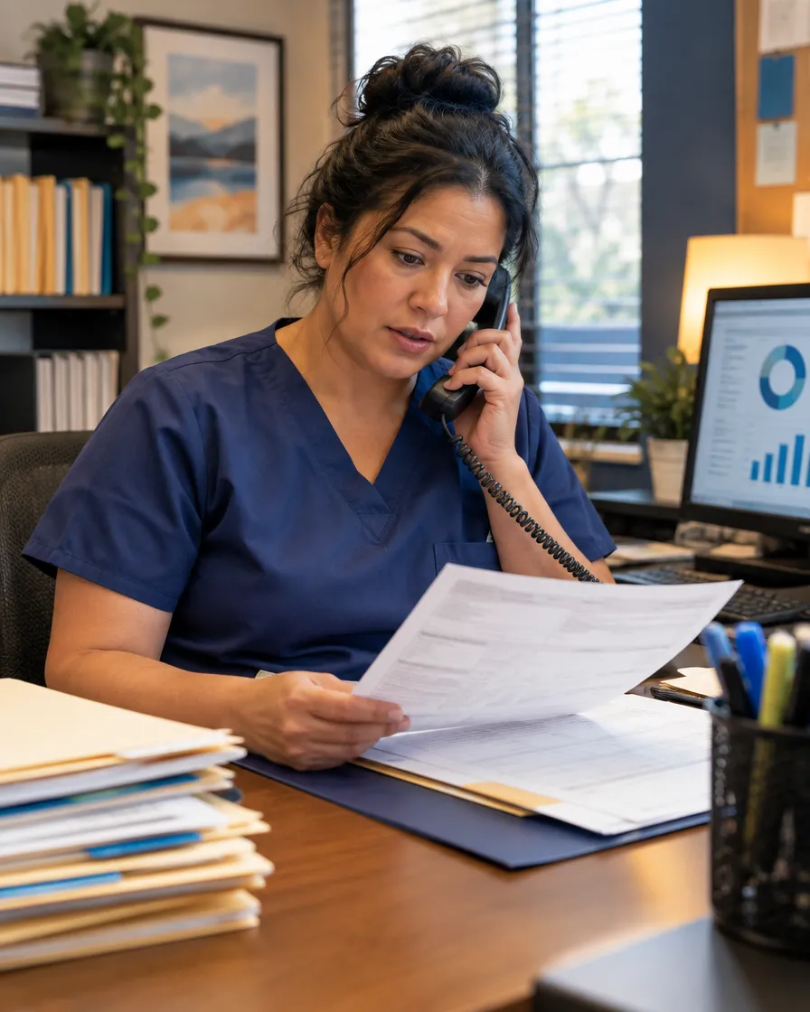 Provider support agent on the phone reviewing paperwork at her desk