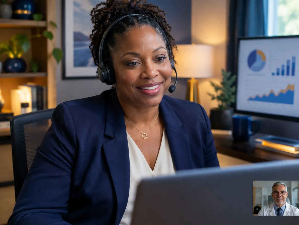 Smiling provider engagement agent on a video call with a doctor