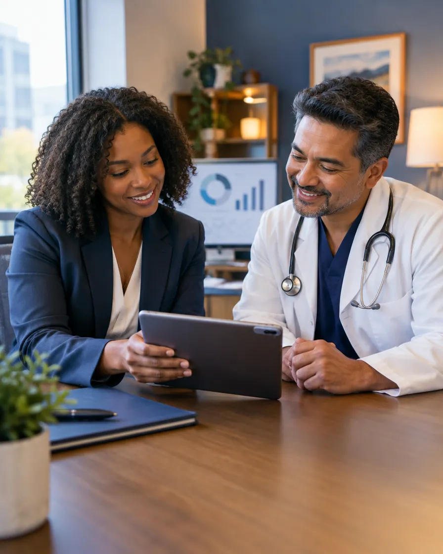 Provider relations specialist reviewing a tablet with a doctor