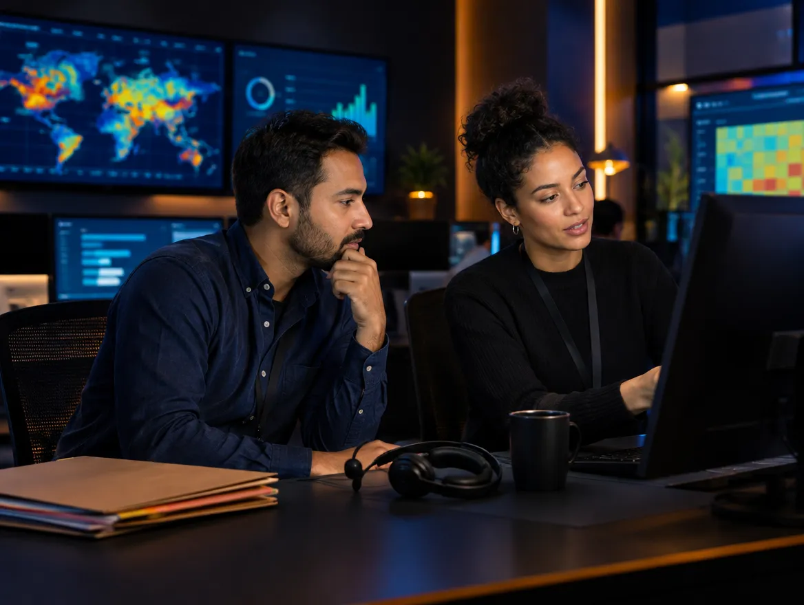 Two analysts reviewing provider data on monitors