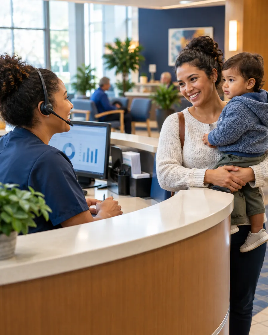 Clinic receptionist checking in a mother and child