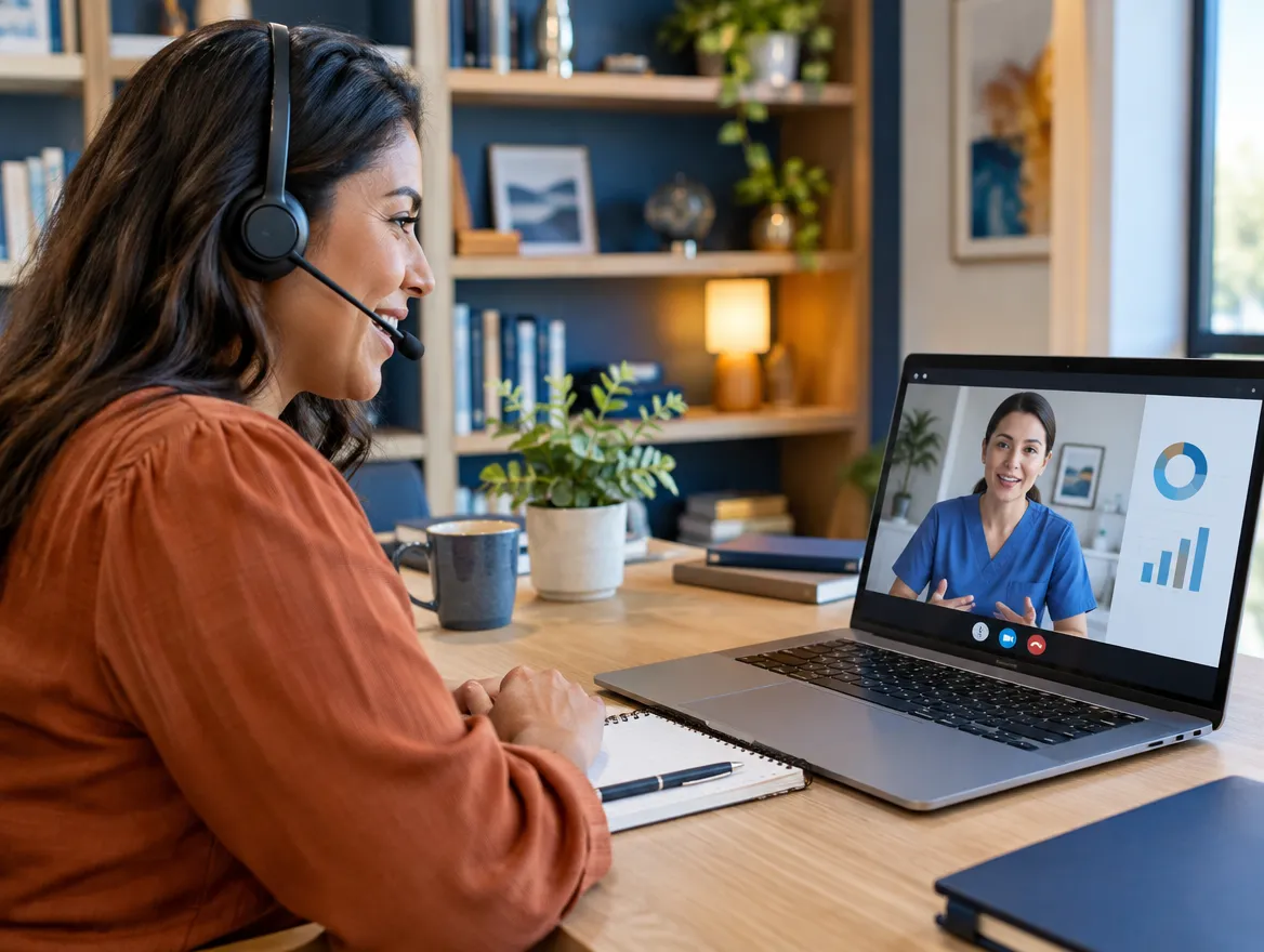 Provider services agent in a headset on a video call with a nurse