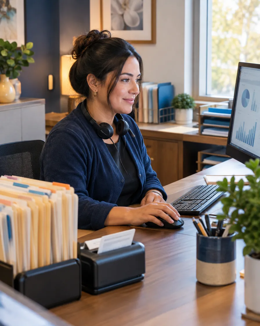 Provider support agent working at a desk with patient files