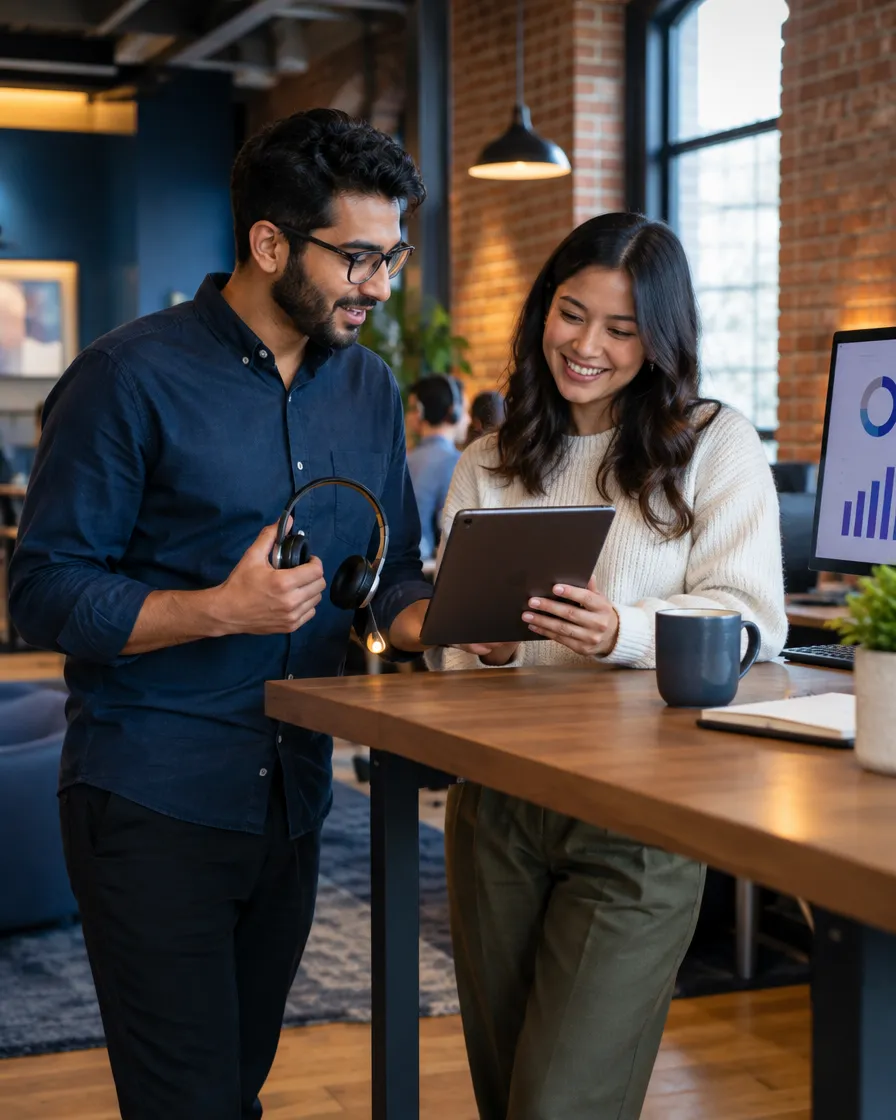 Two provider support colleagues reviewing a tablet