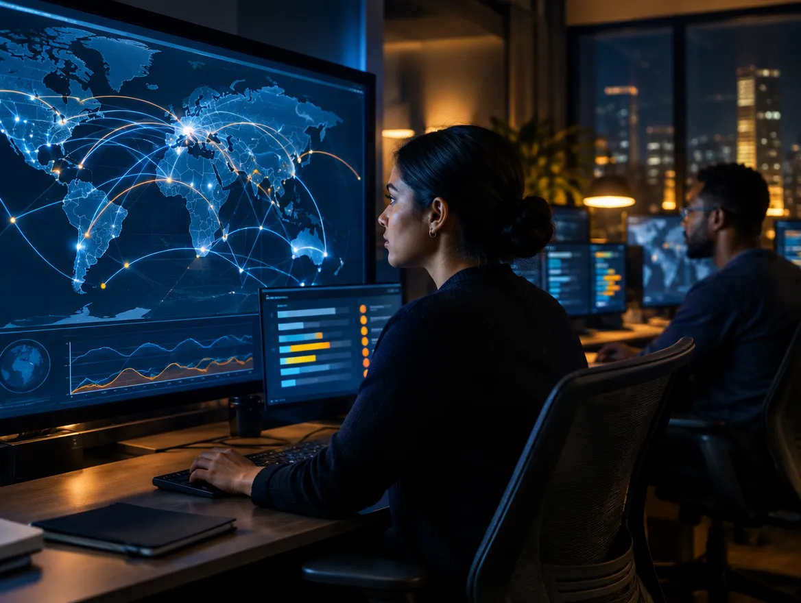 Analyst monitoring global money transfer routes on a map display