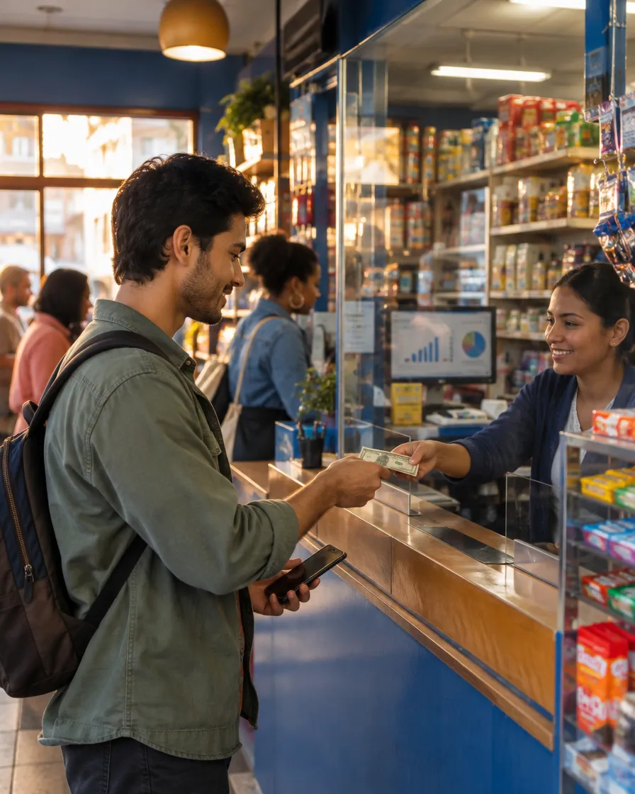 Customer sending money at a remittance counter