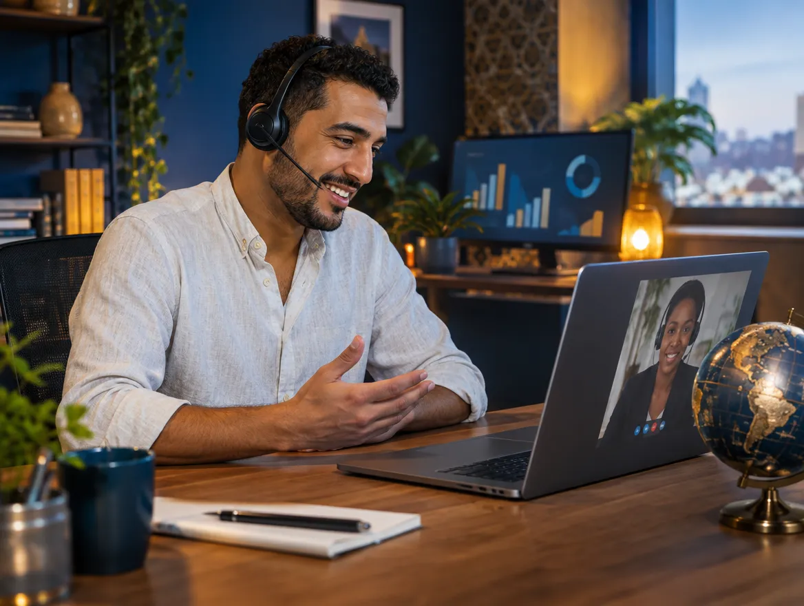 Remittance support agent in a headset on a video call