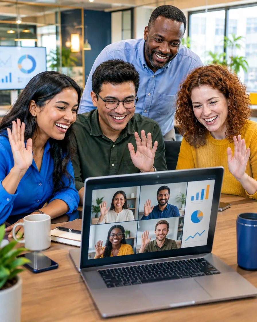 Remittance team waving on a video call with family members abroad