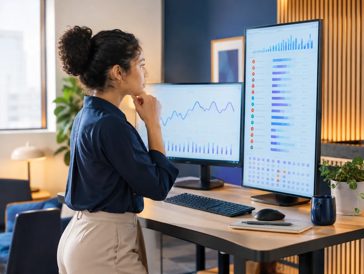 Analyst reviewing retail banking dashboards at a standing desk