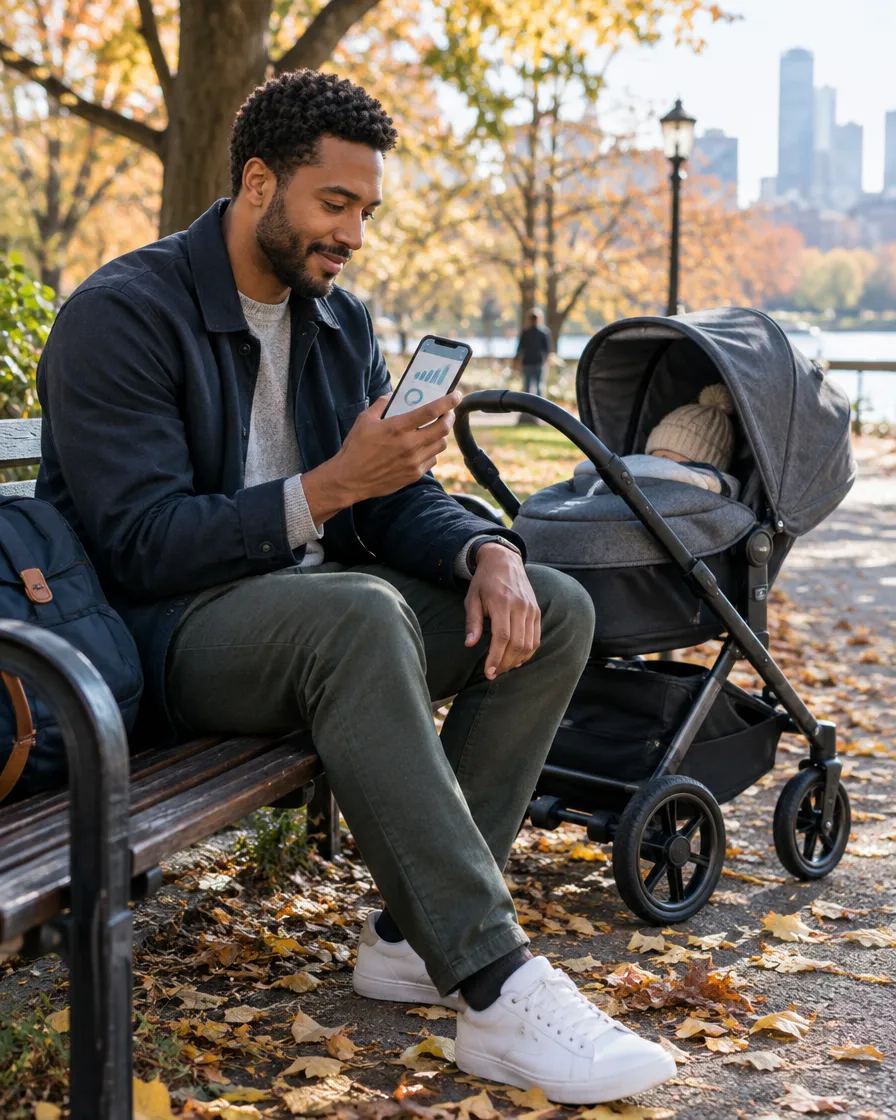 Father checking his banking app on a park bench next to a stroller