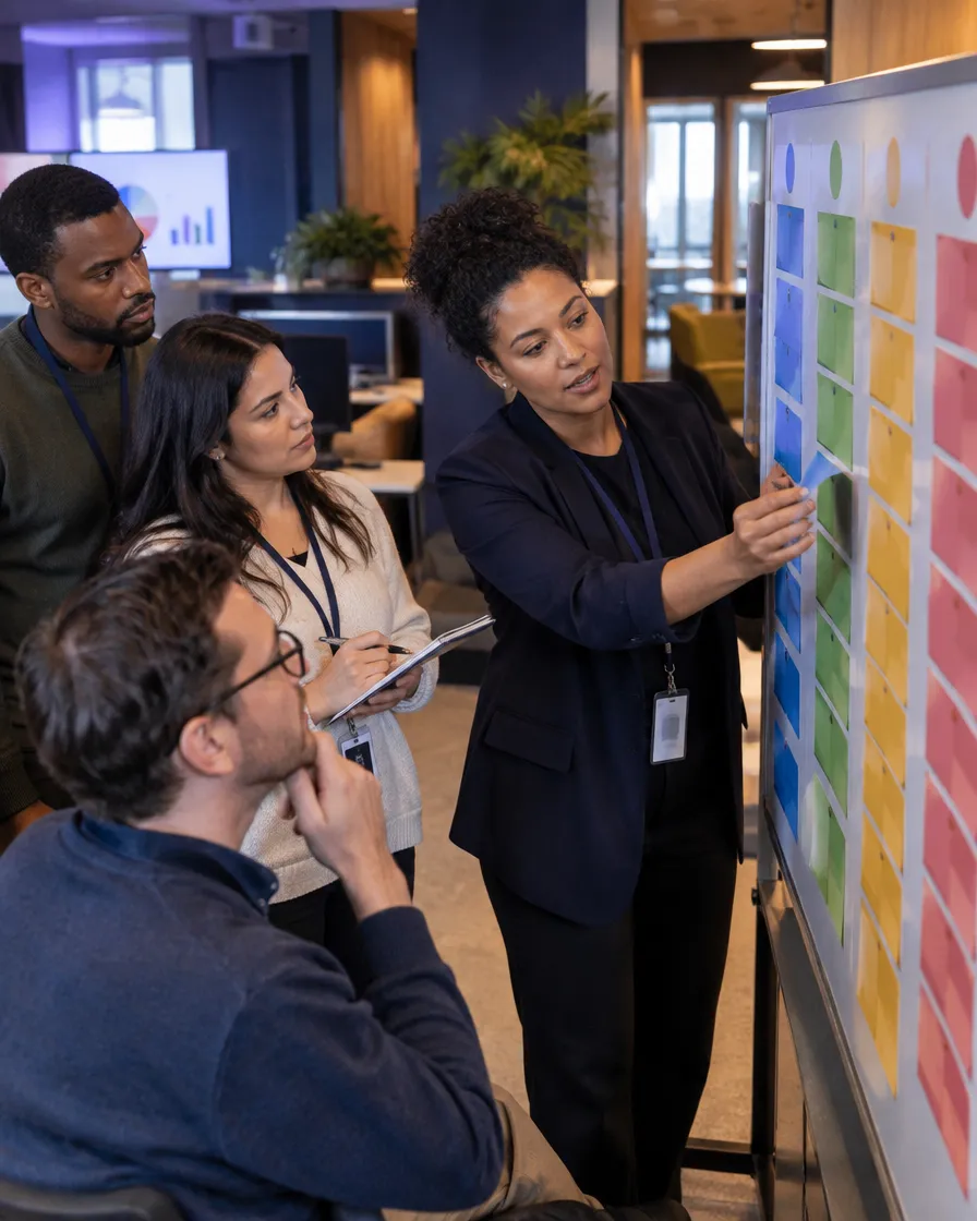Retail banking team planning at a colorful board