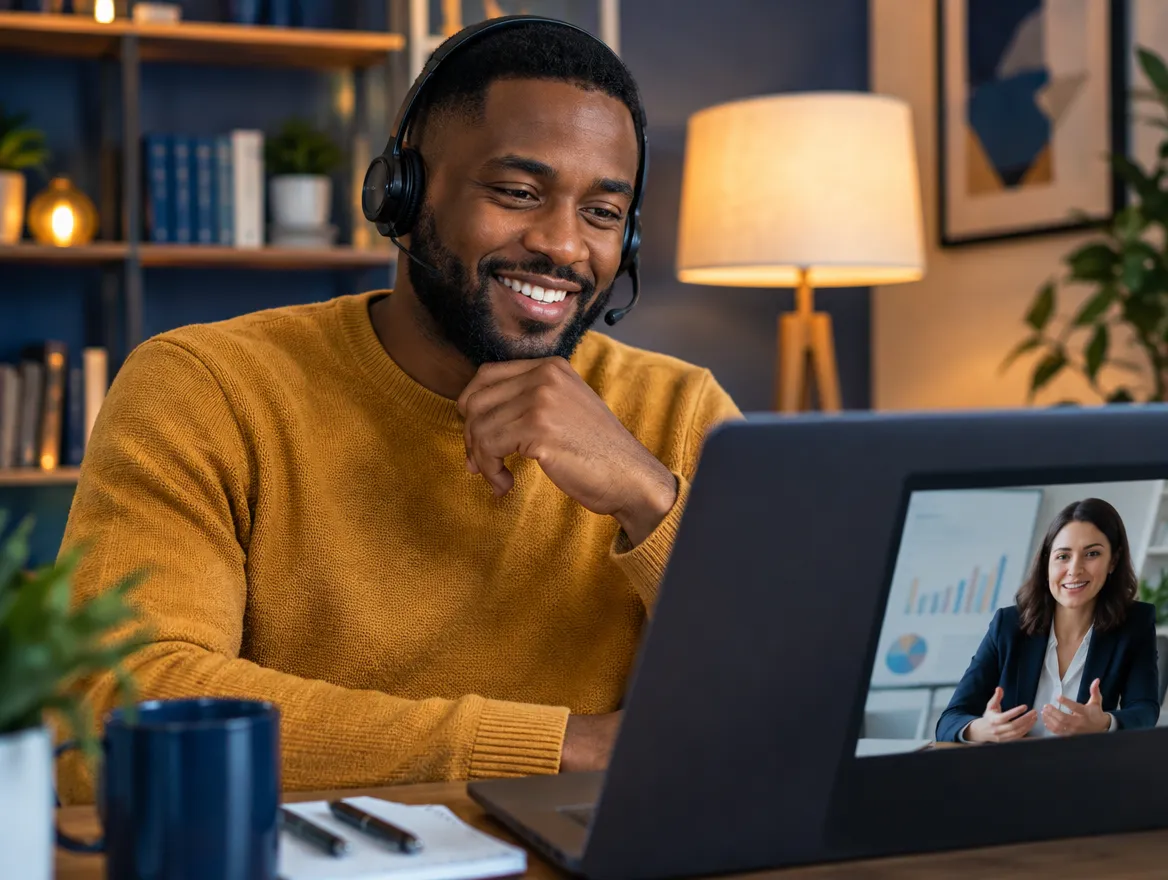 Smiling retail banking agent in a headset on a video call