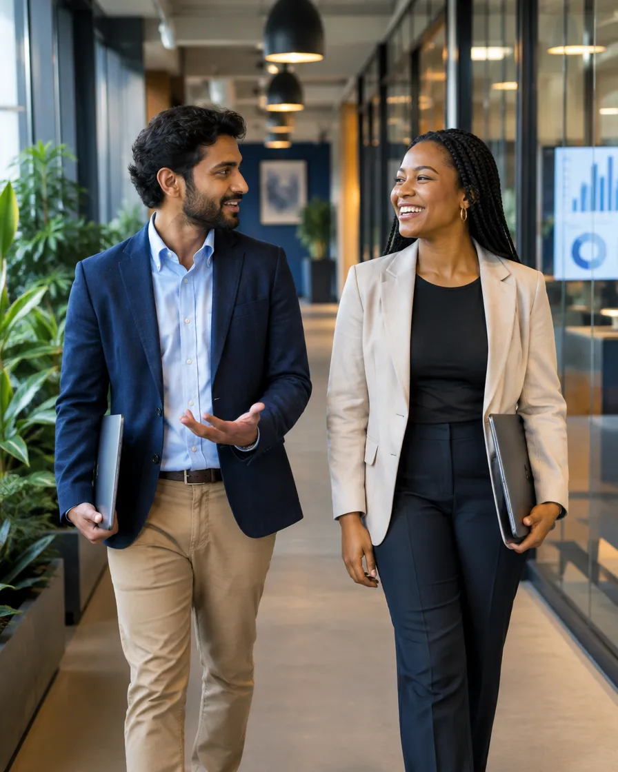 Two banking colleagues walking through the office