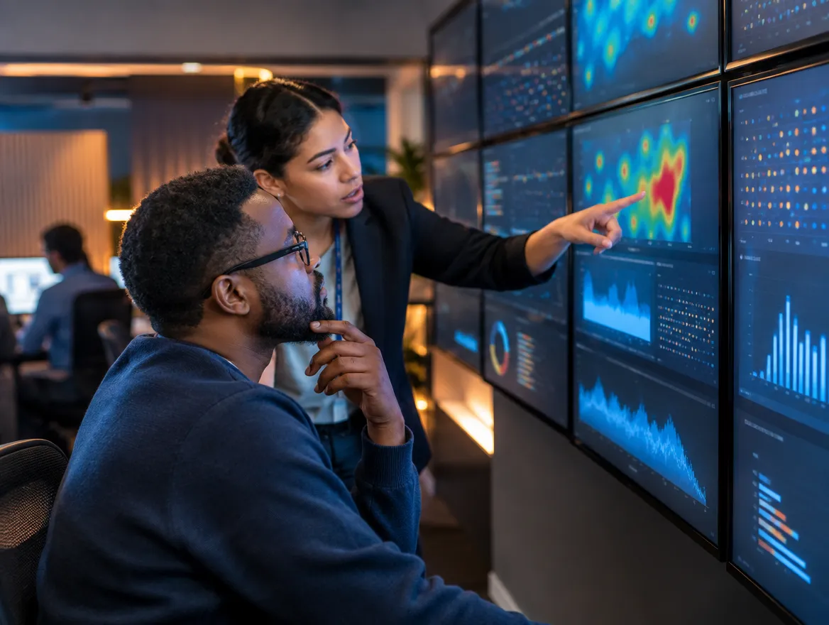 Two analysts reviewing retail demand heatmaps on a screen wall