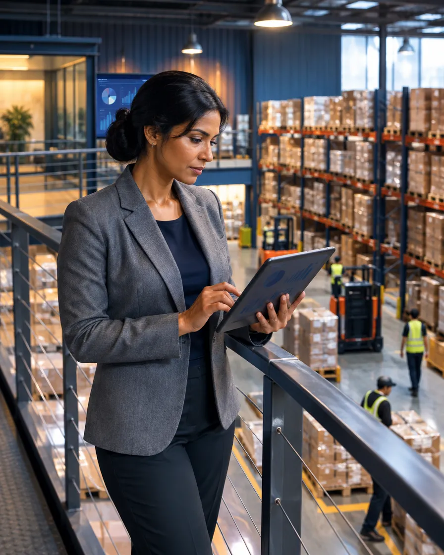 Retail manager with a tablet overlooking a store warehouse